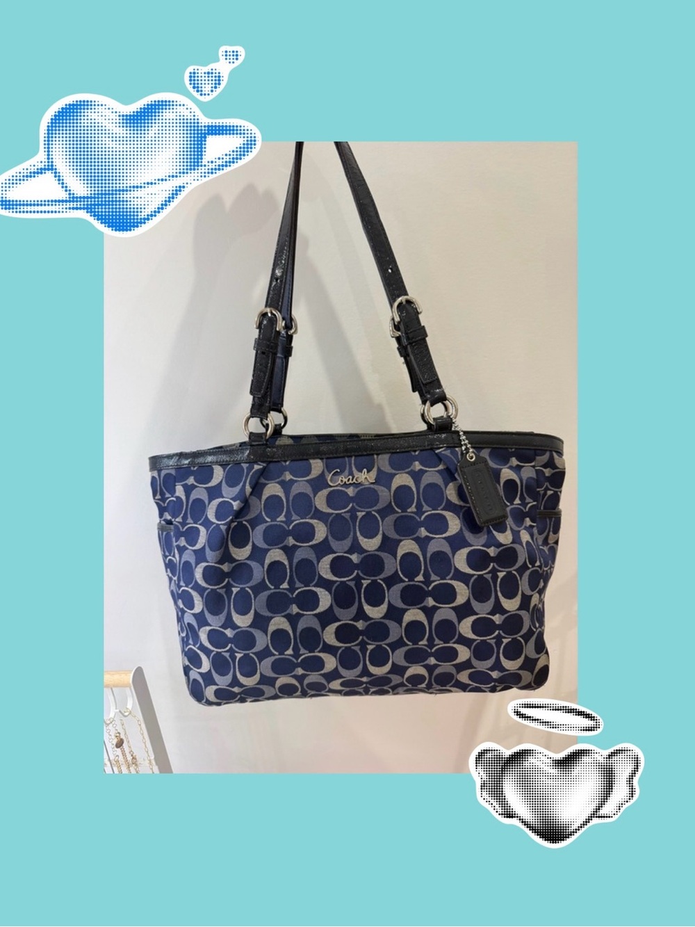 vintage Coach Blue Signature Canvas Tote with Black Leather Trim#coach #vintage